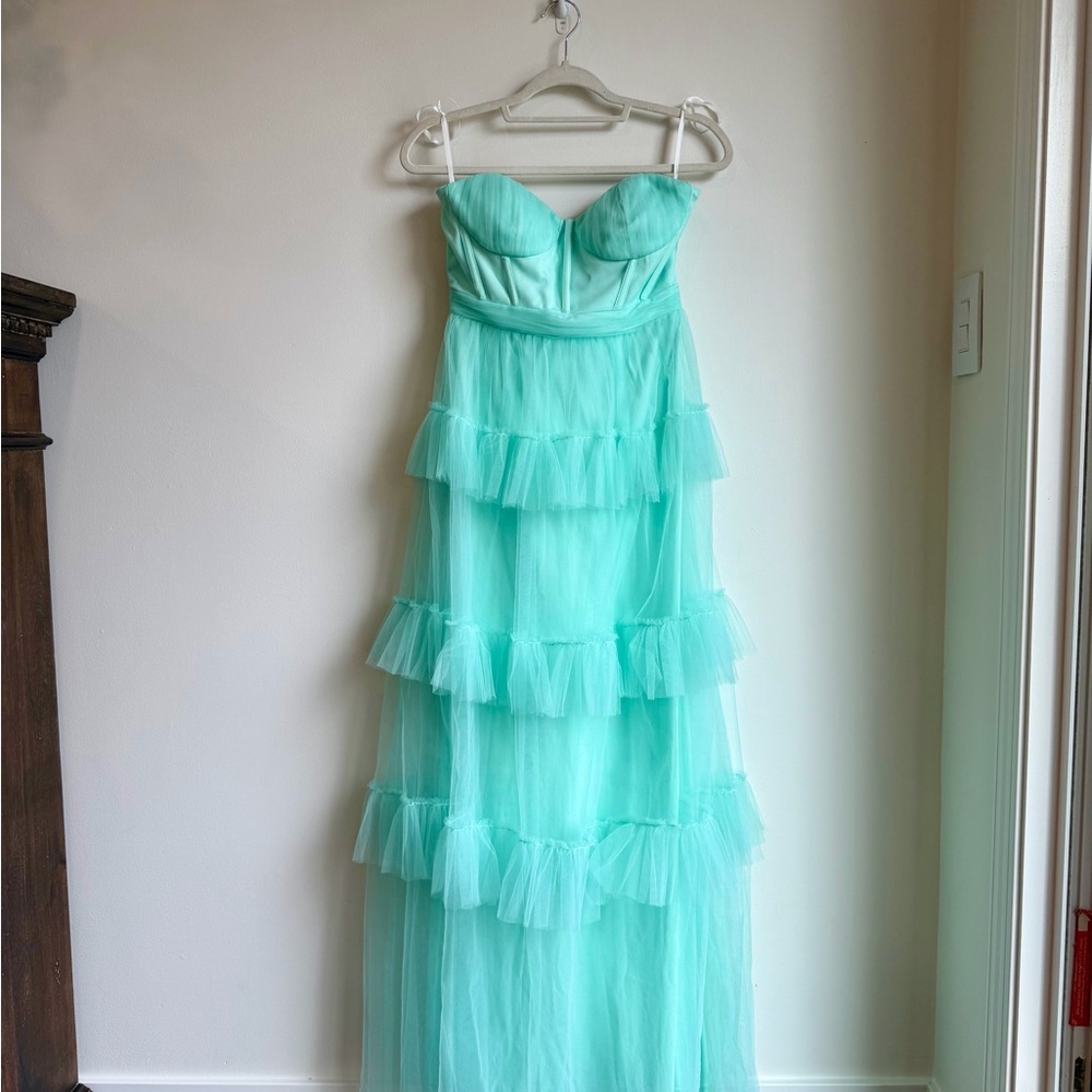 Lulu's Strapless Tulle Gown Maxi Dress in Teal Green